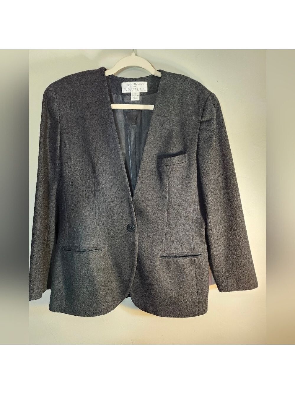 Saville Rena Rowan One Button Collarless Black Wool Blazer Sz 14